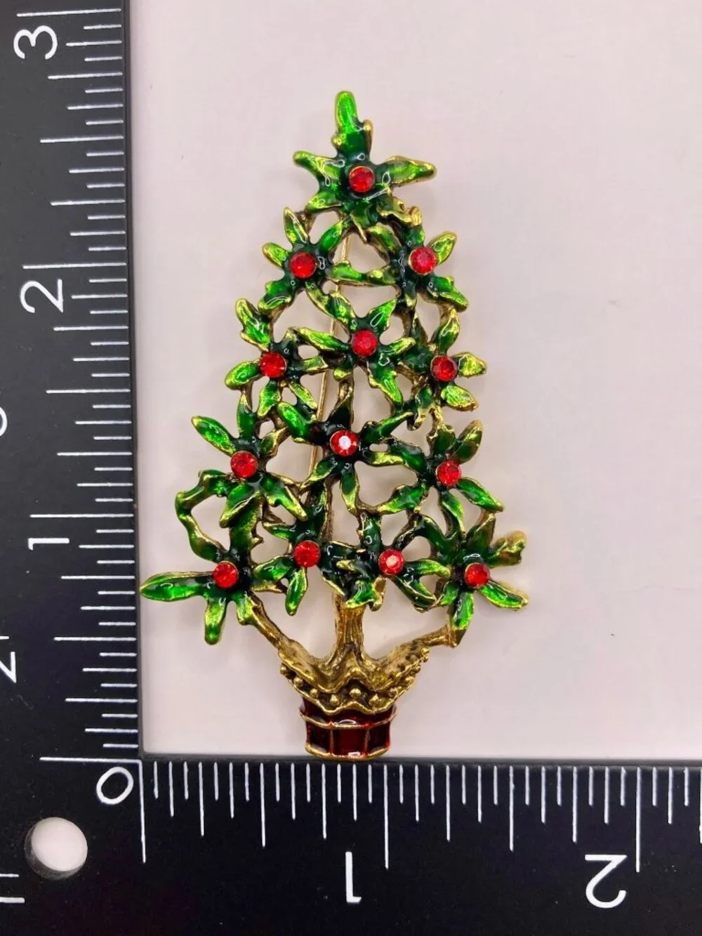 Christmas Holiday Tree Pin Brooch Green Enamel & Red Rhinestones -52B